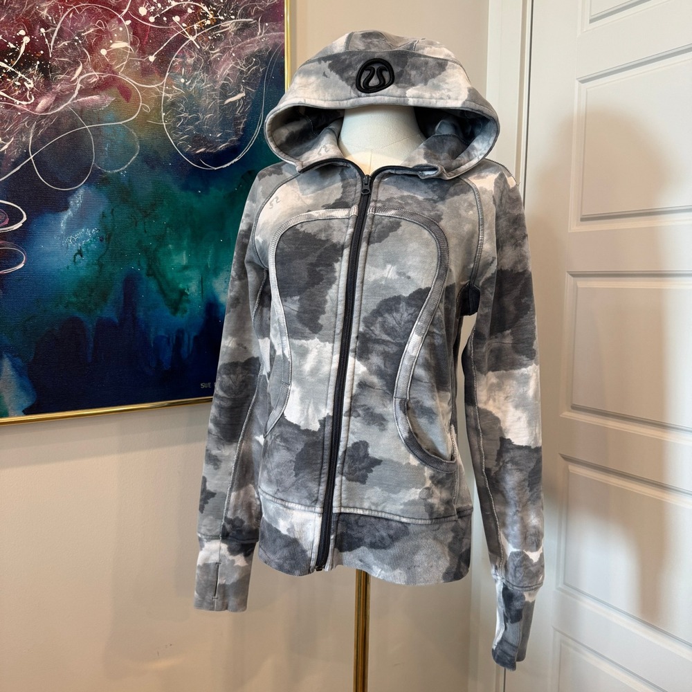 Lululemon Scuba Full Zip Hoodie Grey White Tie Dye Cloud Wash Fleece Size 8 Y2K